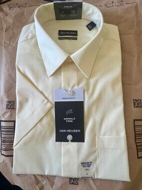 Van Heusen Shirt Mens size 14 Beige Short Sleeve Classic Collar NWT